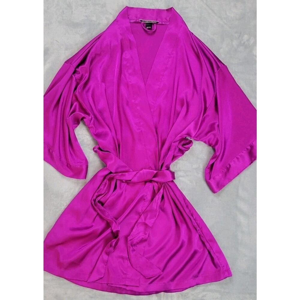 Victorias Secret magenta pink short Kimono satin Robe sz XS Tie Waist pockets